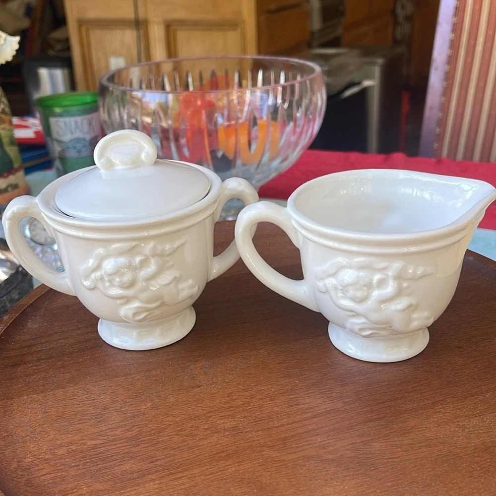 Rare Vintage White Cherub Sugar Bowl and Creamer Set